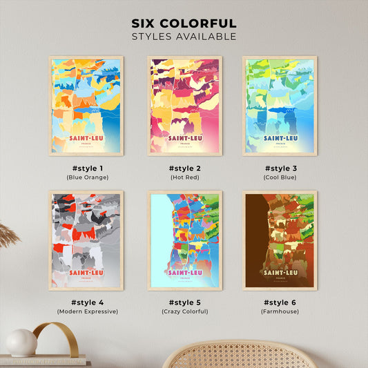 Colorful SAINT-LEU FRANCE Fine Art Map Blue Orange