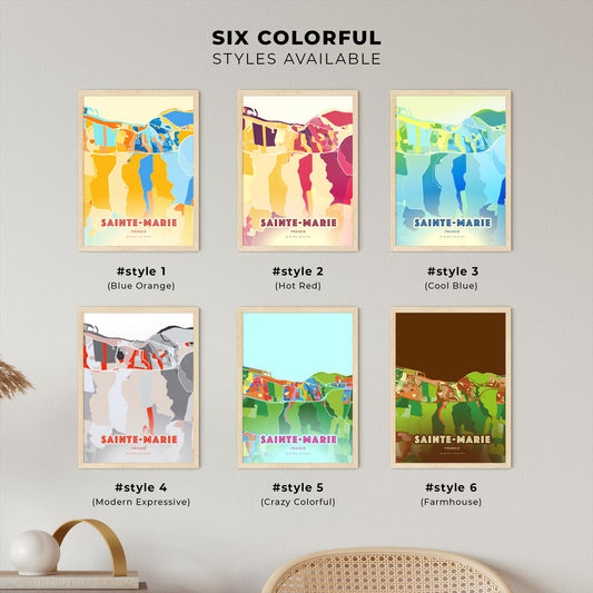 Colorful SAINTE-MARIE FRANCE Fine Art Map Blue Orange