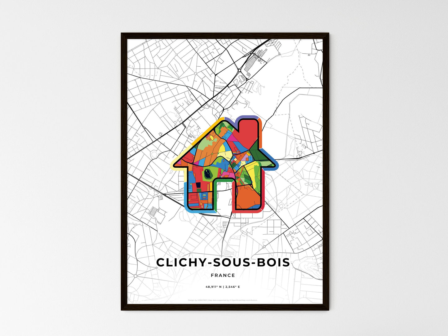 Clichy-Sous-Bois France wedding art map with home icon