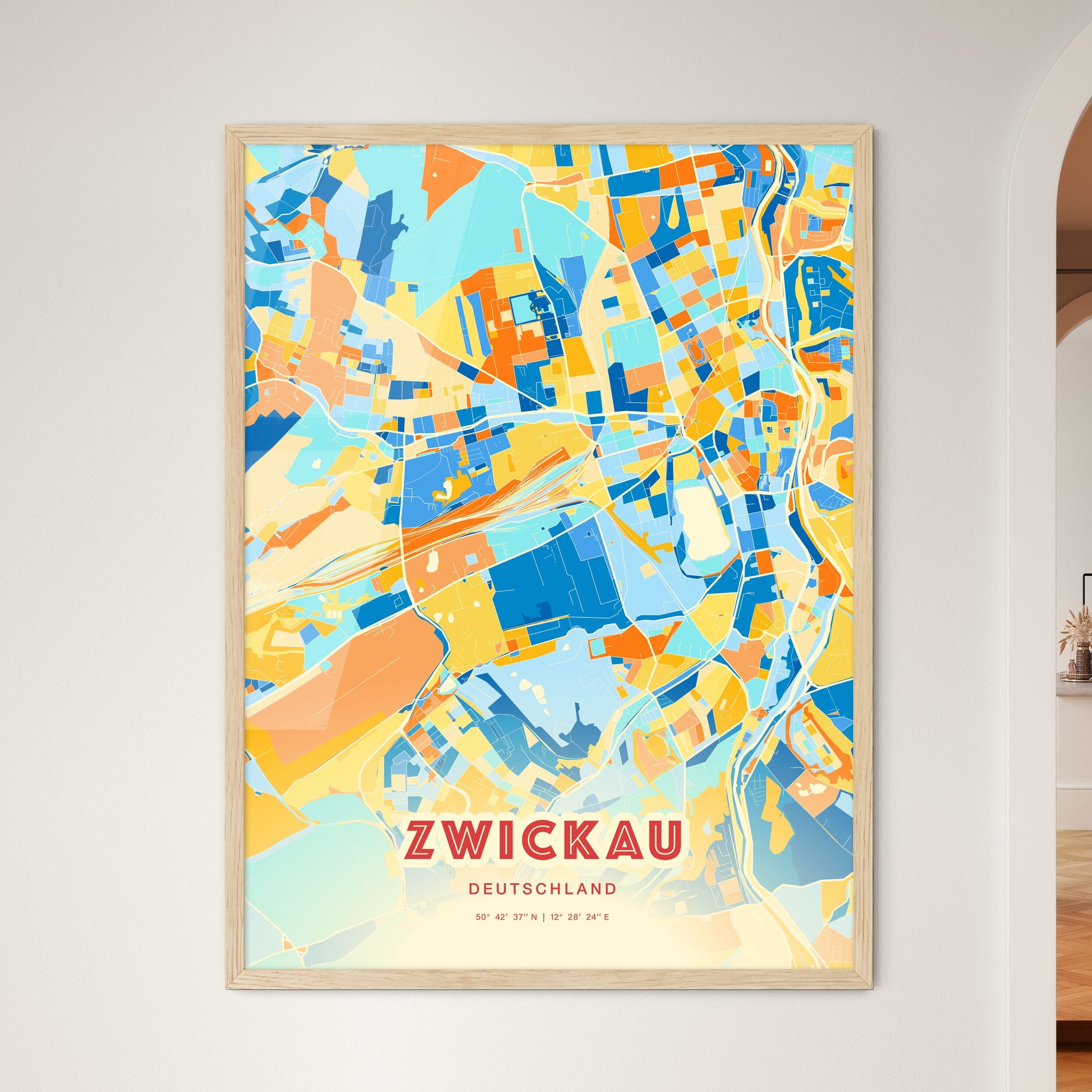 Colorful ZWICKAU GERMANY Fine Art Map Blue Orange