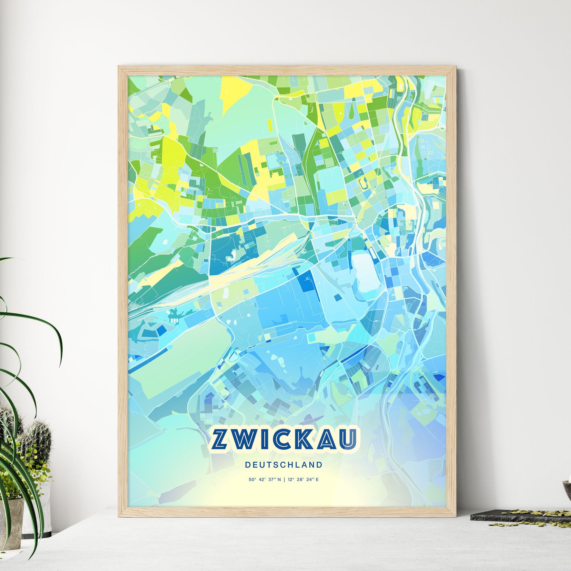 Colorful ZWICKAU GERMANY Fine Art Map Cool Blue