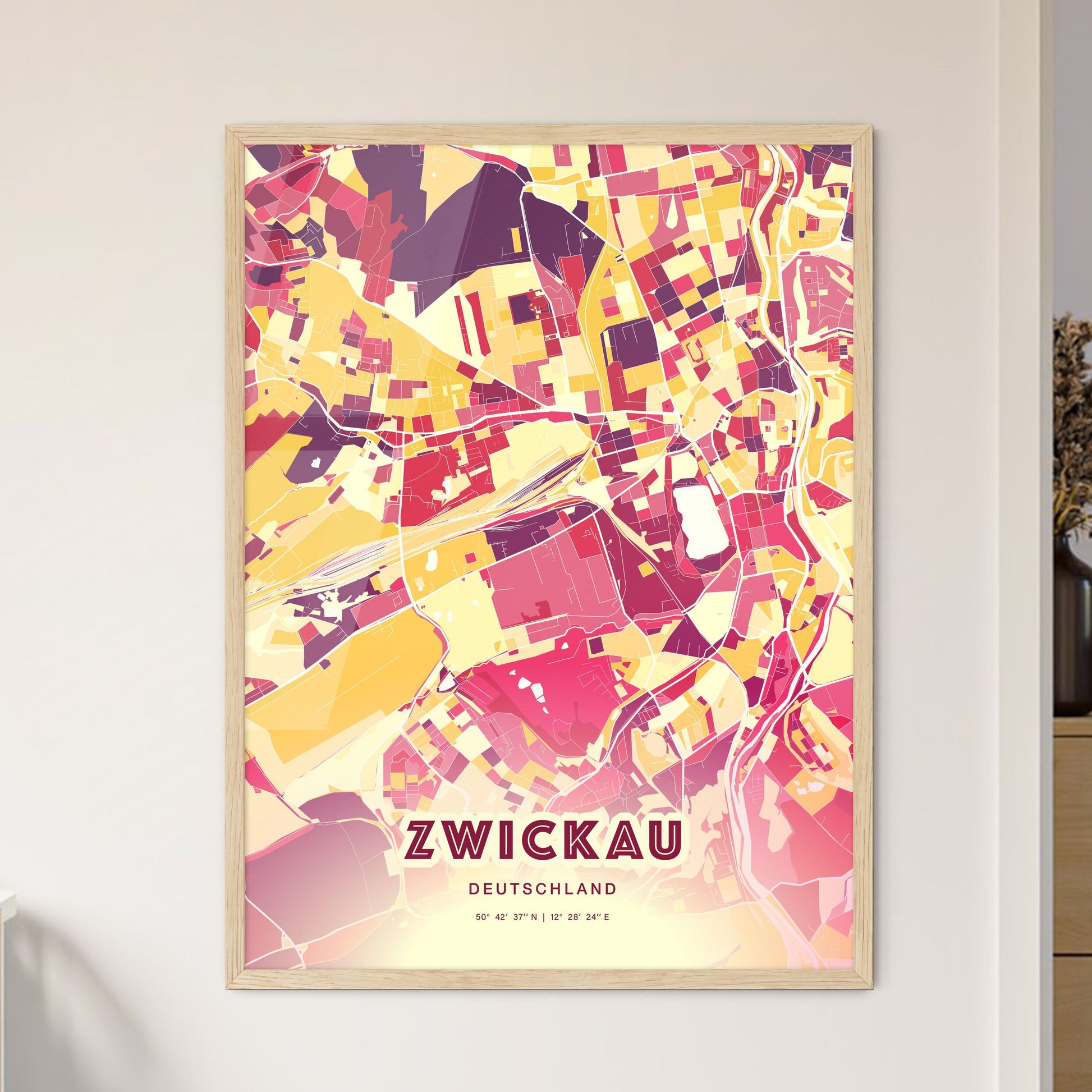 Colorful ZWICKAU GERMANY Fine Art Map Hot Red