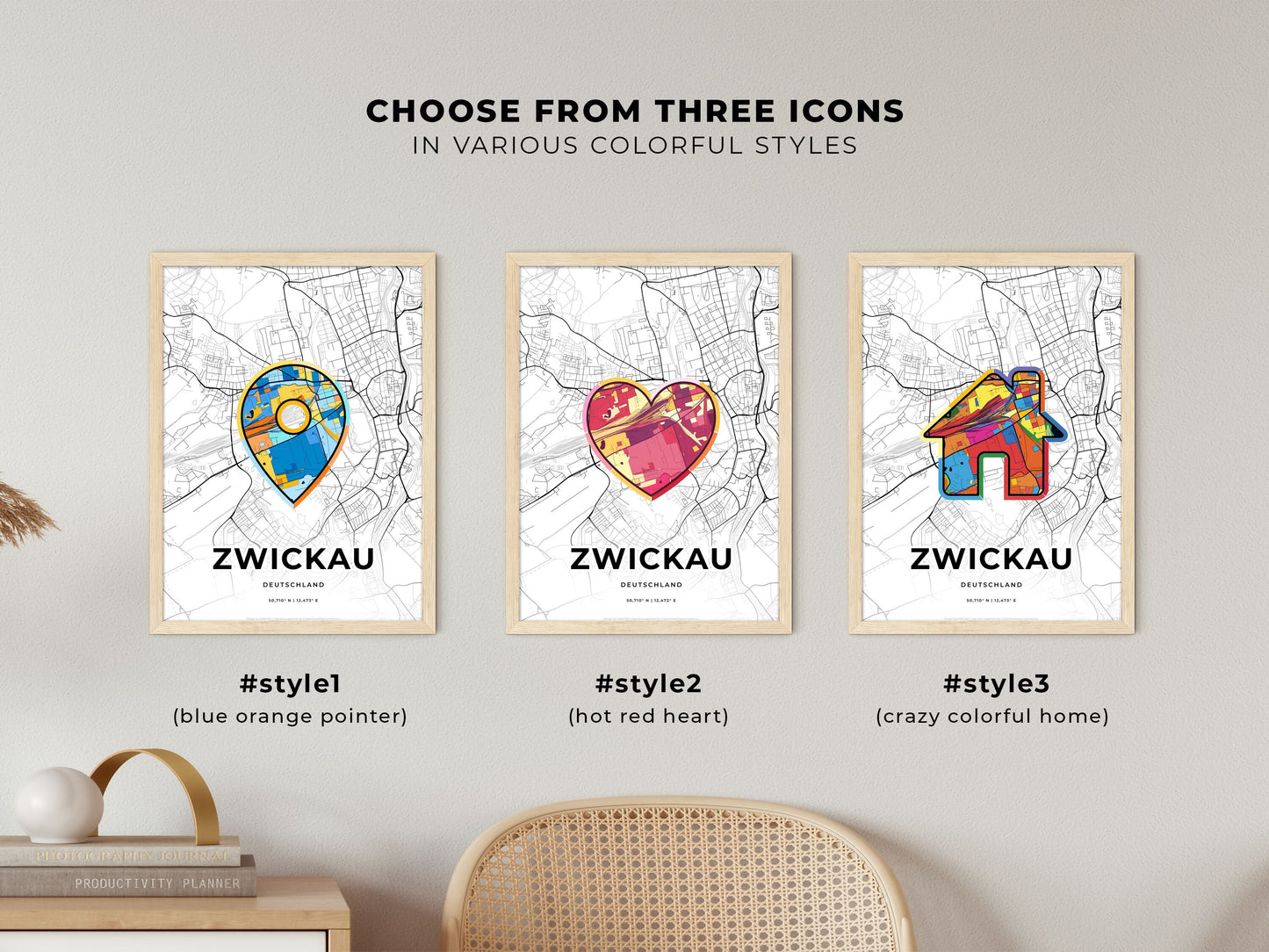 ZWICKAU GERMANY minimal art map with a colorful icon. Where it all began, Couple map gift.