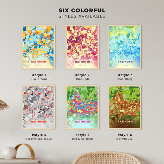 Colorful RATINGEN GERMANY Fine Art Map Blue Orange