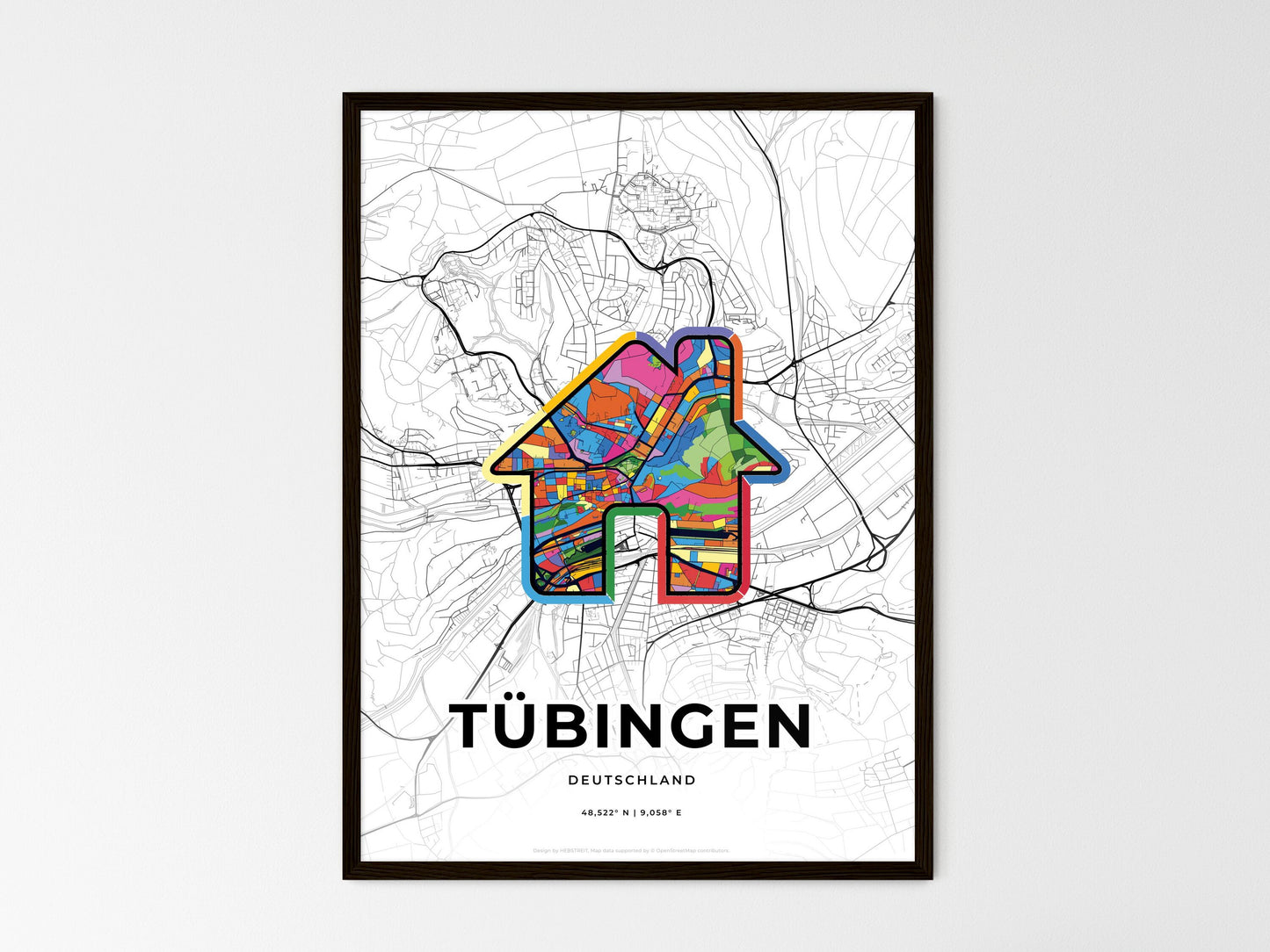 Tubingen Germany wedding art map with home icon