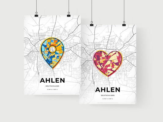 AHLEN GERMANY minimal art map with a colorful icon. Where it all began, Couple map gift.
