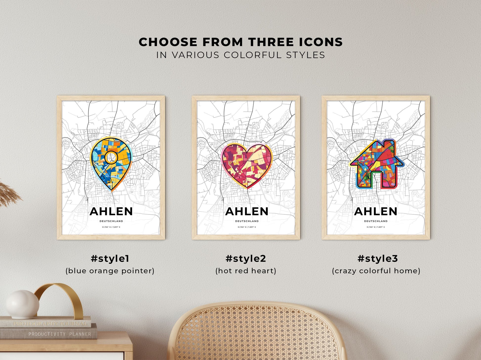 AHLEN GERMANY minimal art map with a colorful icon. Where it all began, Couple map gift.