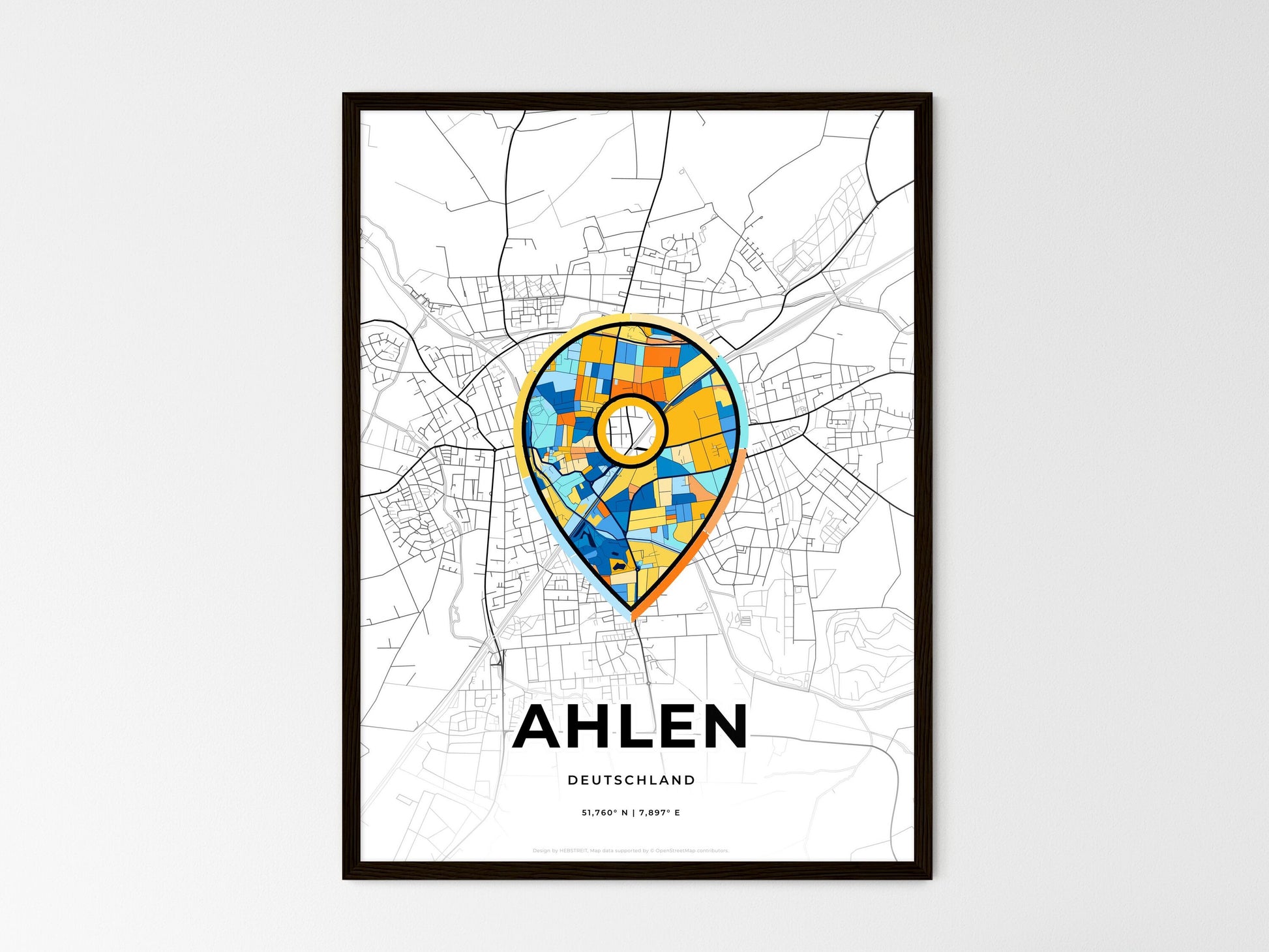 AHLEN GERMANY minimal art map with a colorful icon. Where it all began, Couple map gift. Style 1
