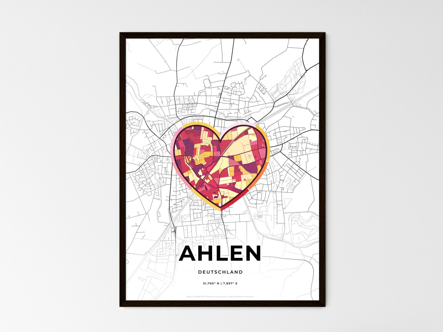 AHLEN GERMANY minimal art map with a colorful icon. Where it all began, Couple map gift. Style 2