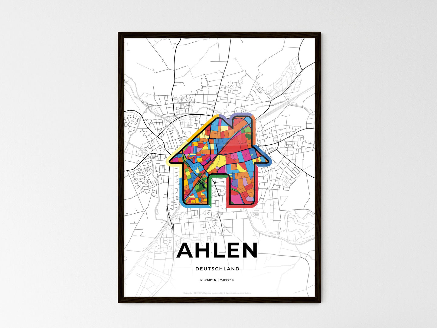 AHLEN GERMANY minimal art map with a colorful icon. Where it all began, Couple map gift. Style 3