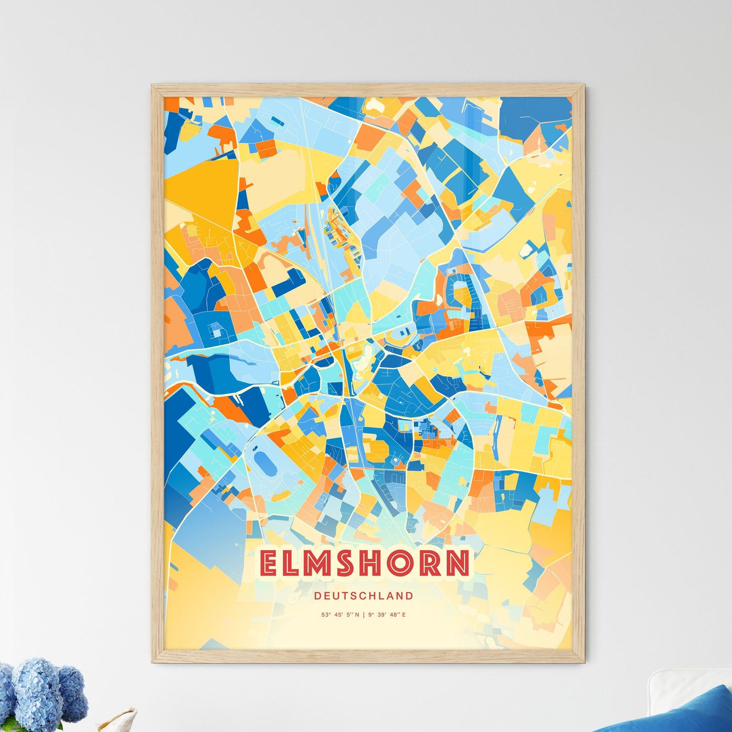 Colorful Elmshorn Germany Fine Art Map Blue Orange