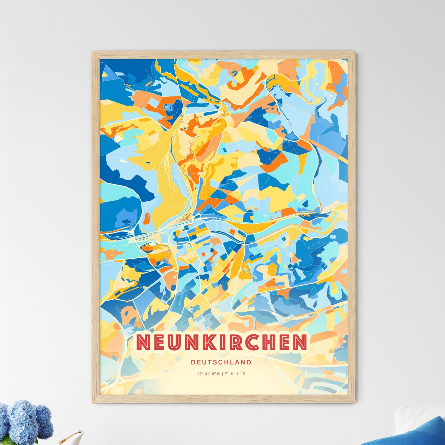 Colorful NEUNKIRCHEN GERMANY Fine Art Map Blue Orange