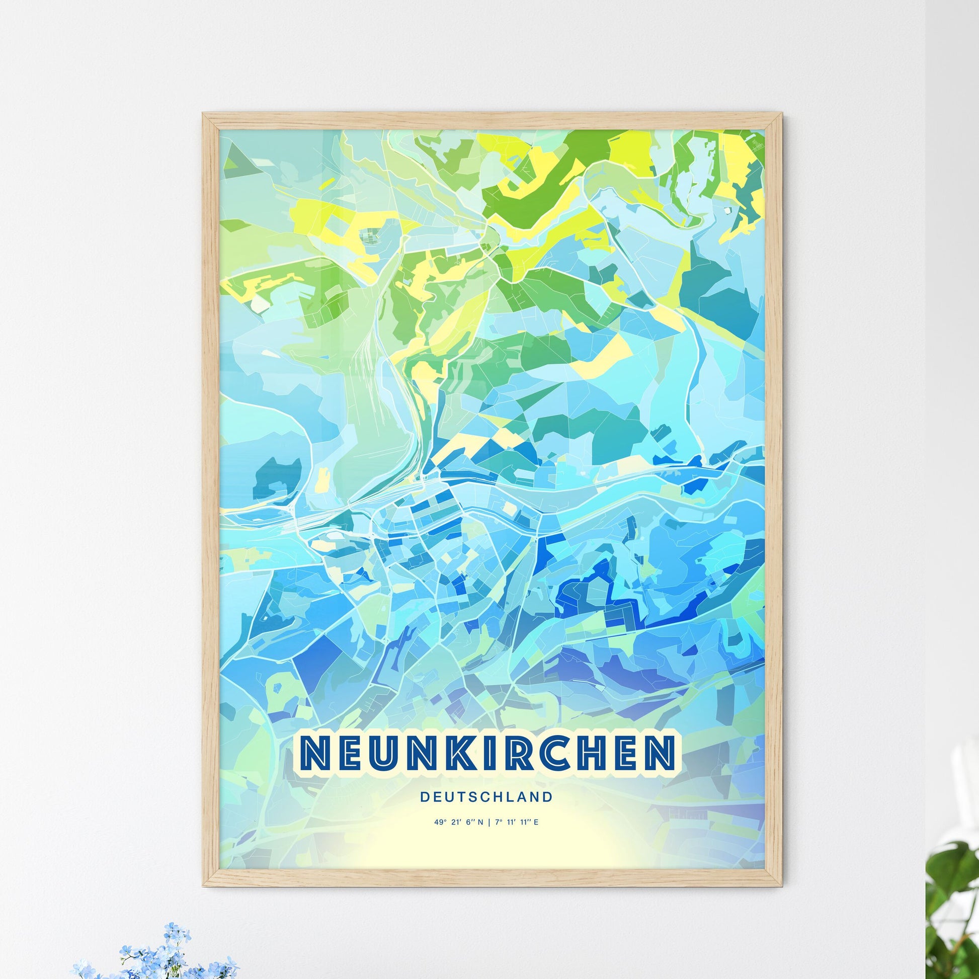Colorful NEUNKIRCHEN GERMANY Fine Art Map Cool Blue