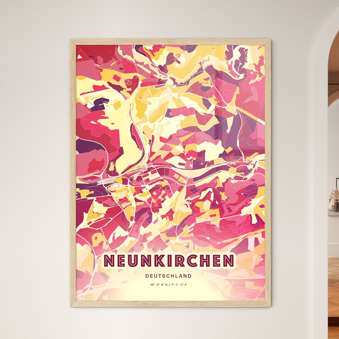 Colorful NEUNKIRCHEN GERMANY Fine Art Map Hot Red