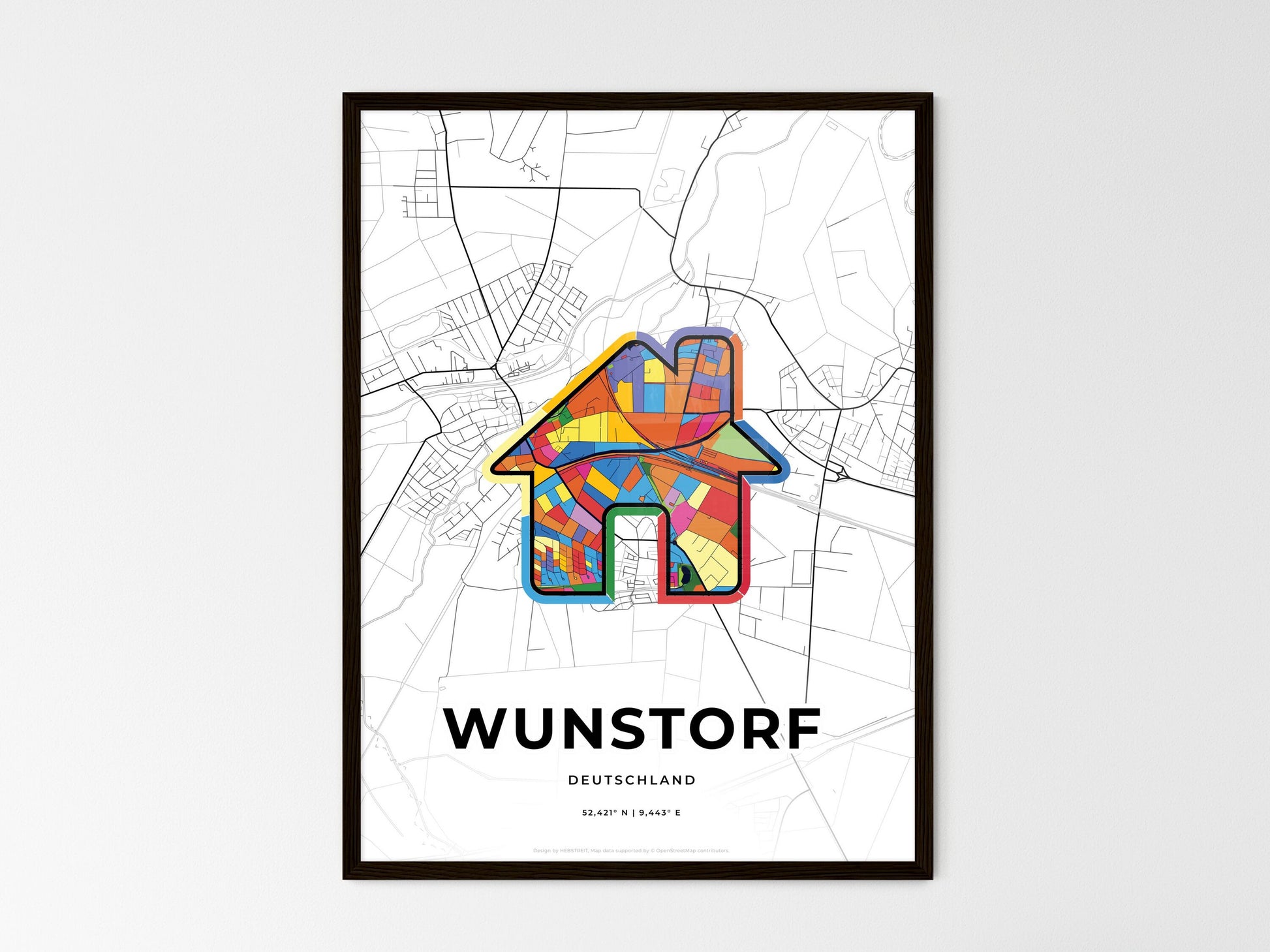 WUNSTORF GERMANY minimal art map with a colorful icon. Where it all began, Couple map gift. Style 3