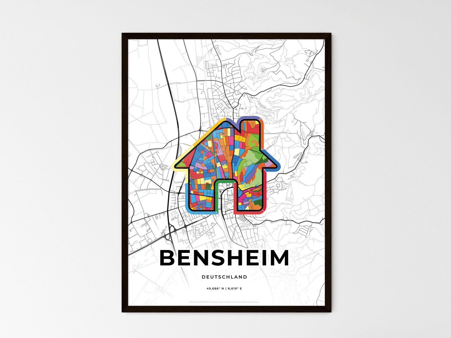 Bensheim Germany wedding art map with home icon