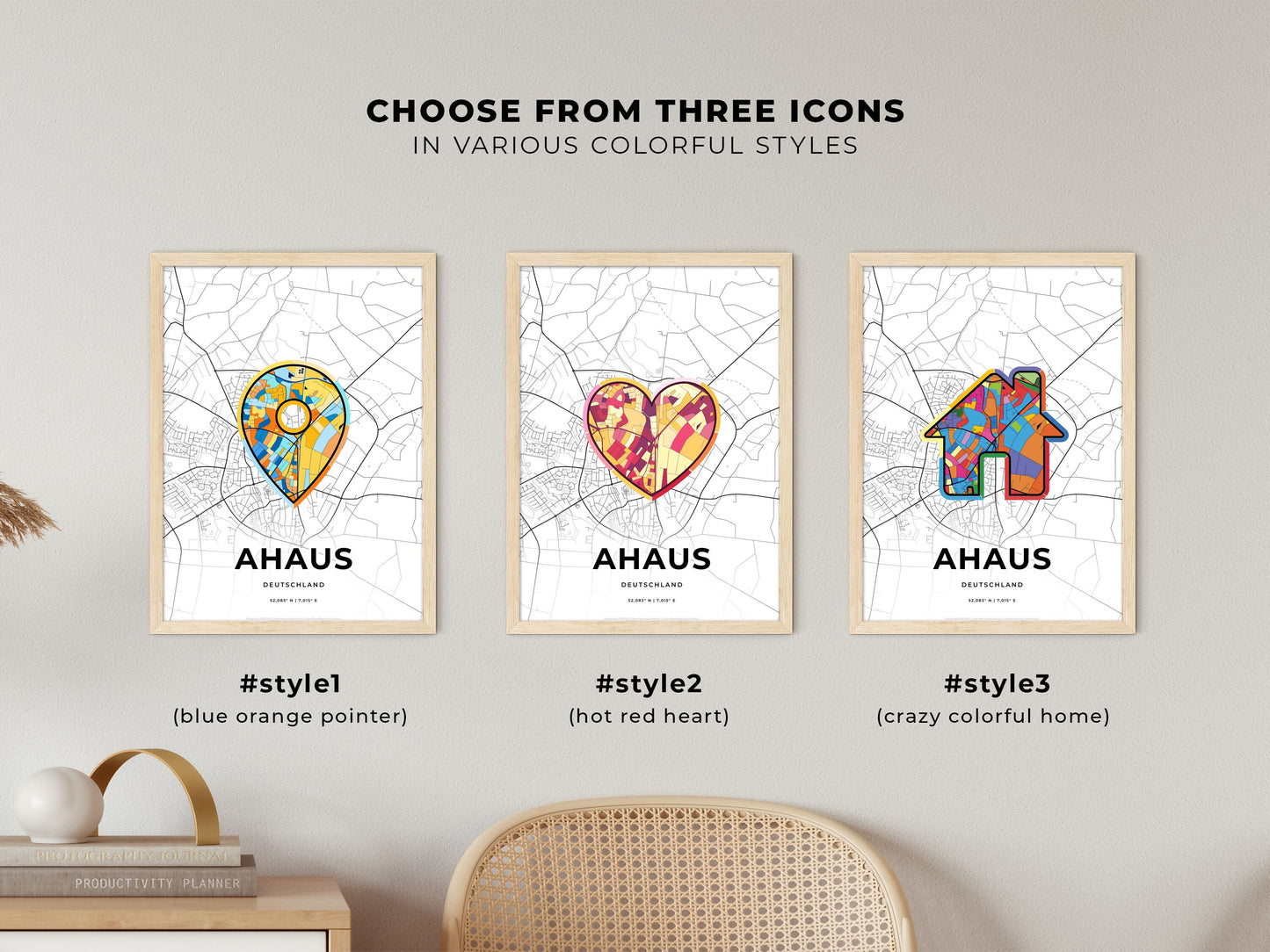 AHAUS GERMANY minimal art map with a colorful icon. Where it all began, Couple map gift.