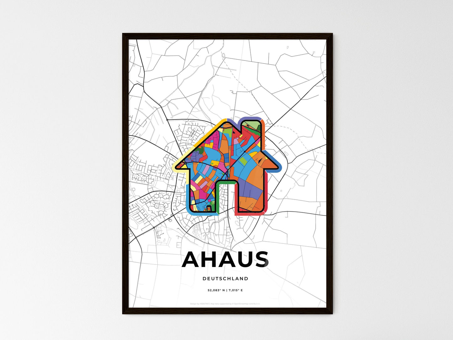 AHAUS GERMANY minimal art map with a colorful icon. Where it all began, Couple map gift. Style 3