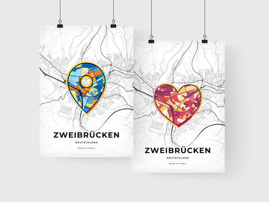 ZWEIBRUCKEN GERMANY minimal art map with a colorful icon. Where it all began, Couple map gift.