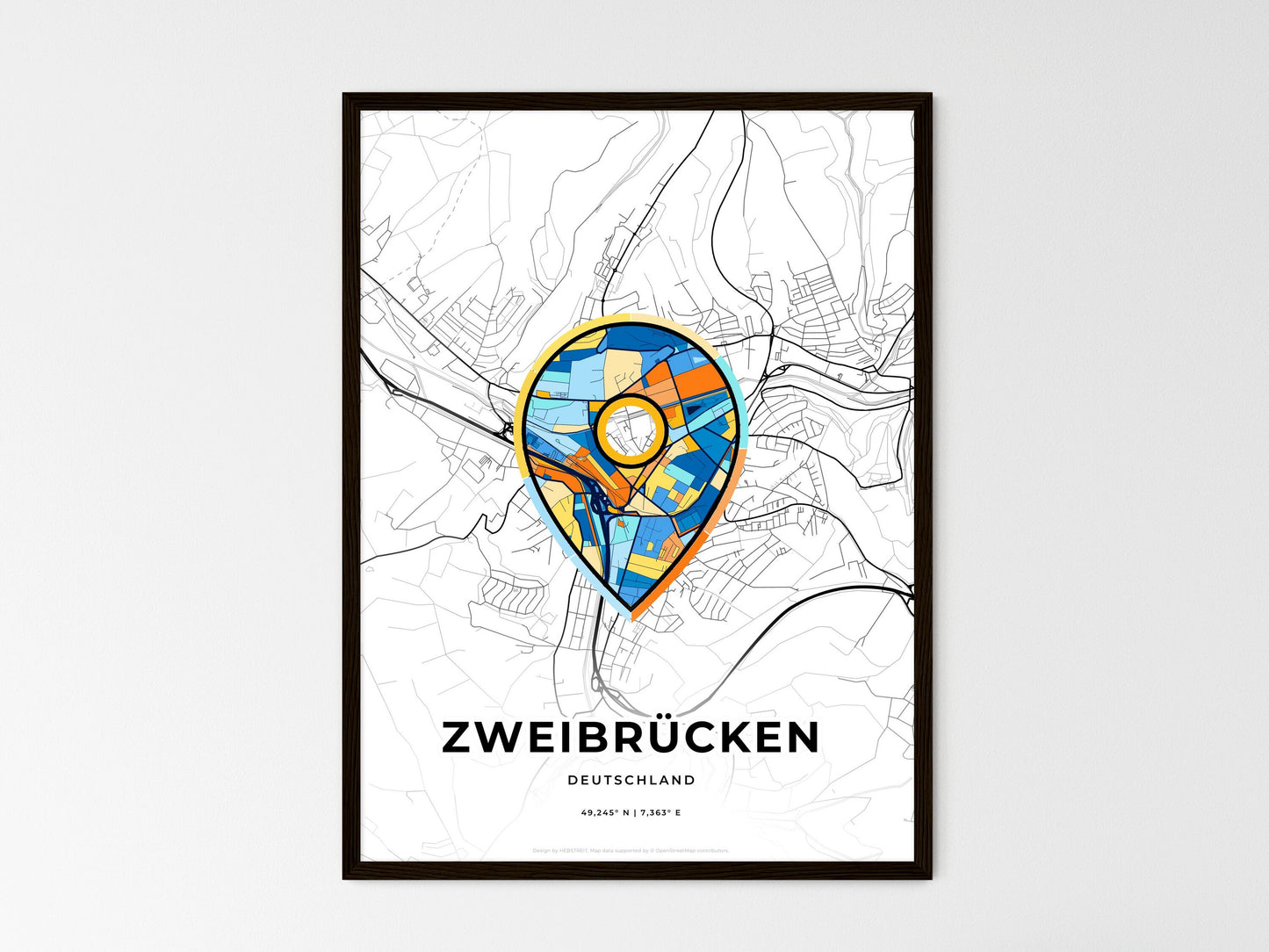 ZWEIBRUCKEN GERMANY minimal art map with a colorful icon. Where it all began, Couple map gift. Style 1