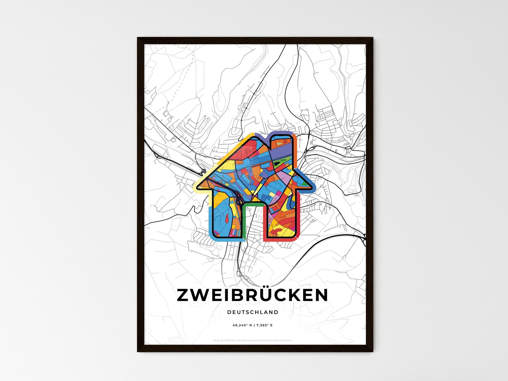 ZWEIBRUCKEN GERMANY minimal art map with a colorful icon. Where it all began, Couple map gift. Style 3