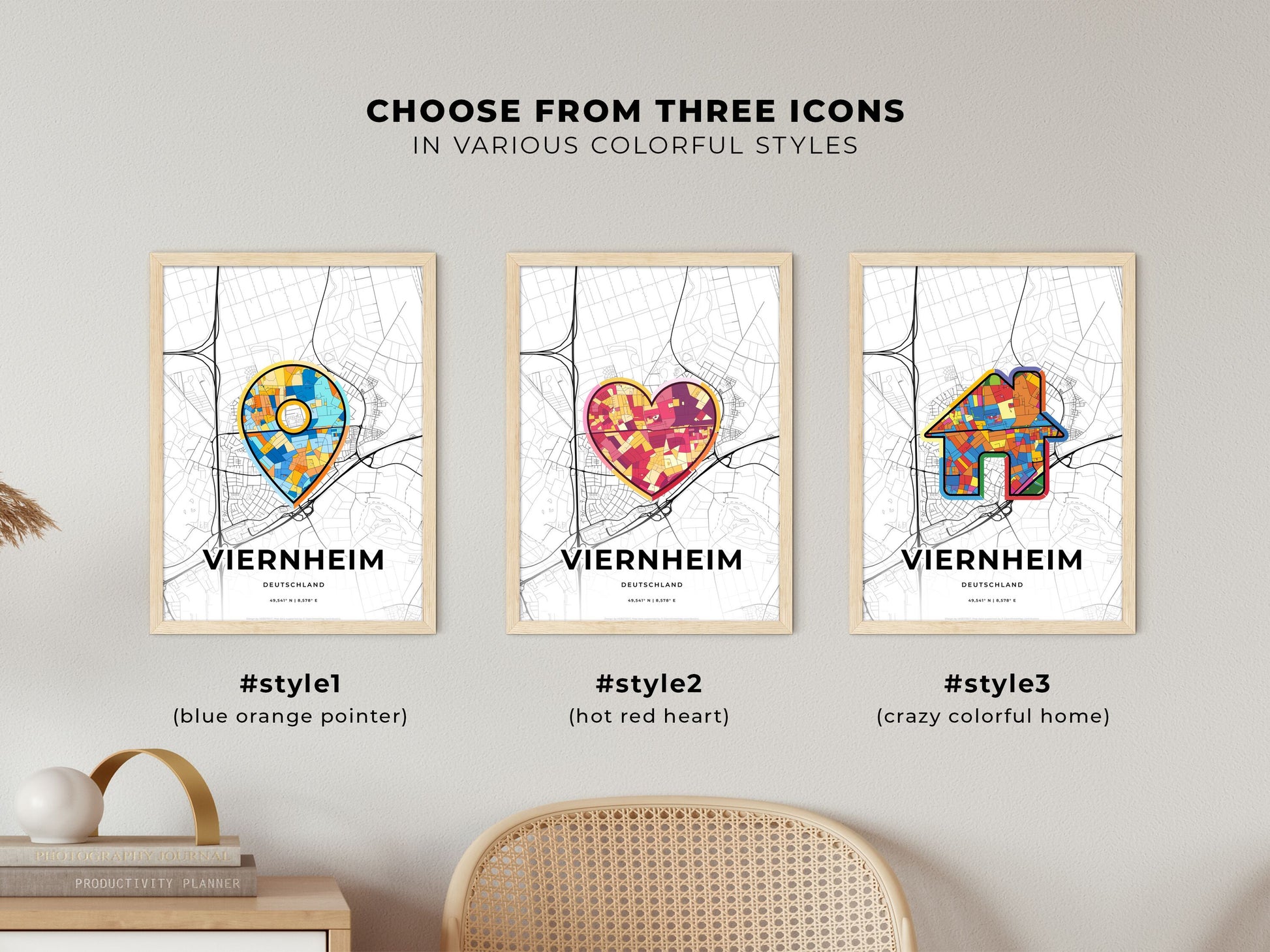VIERNHEIM GERMANY minimal art map with a colorful icon. Where it all began, Couple map gift.