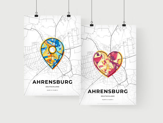 AHRENSBURG GERMANY minimal art map with a colorful icon. Where it all began, Couple map gift.