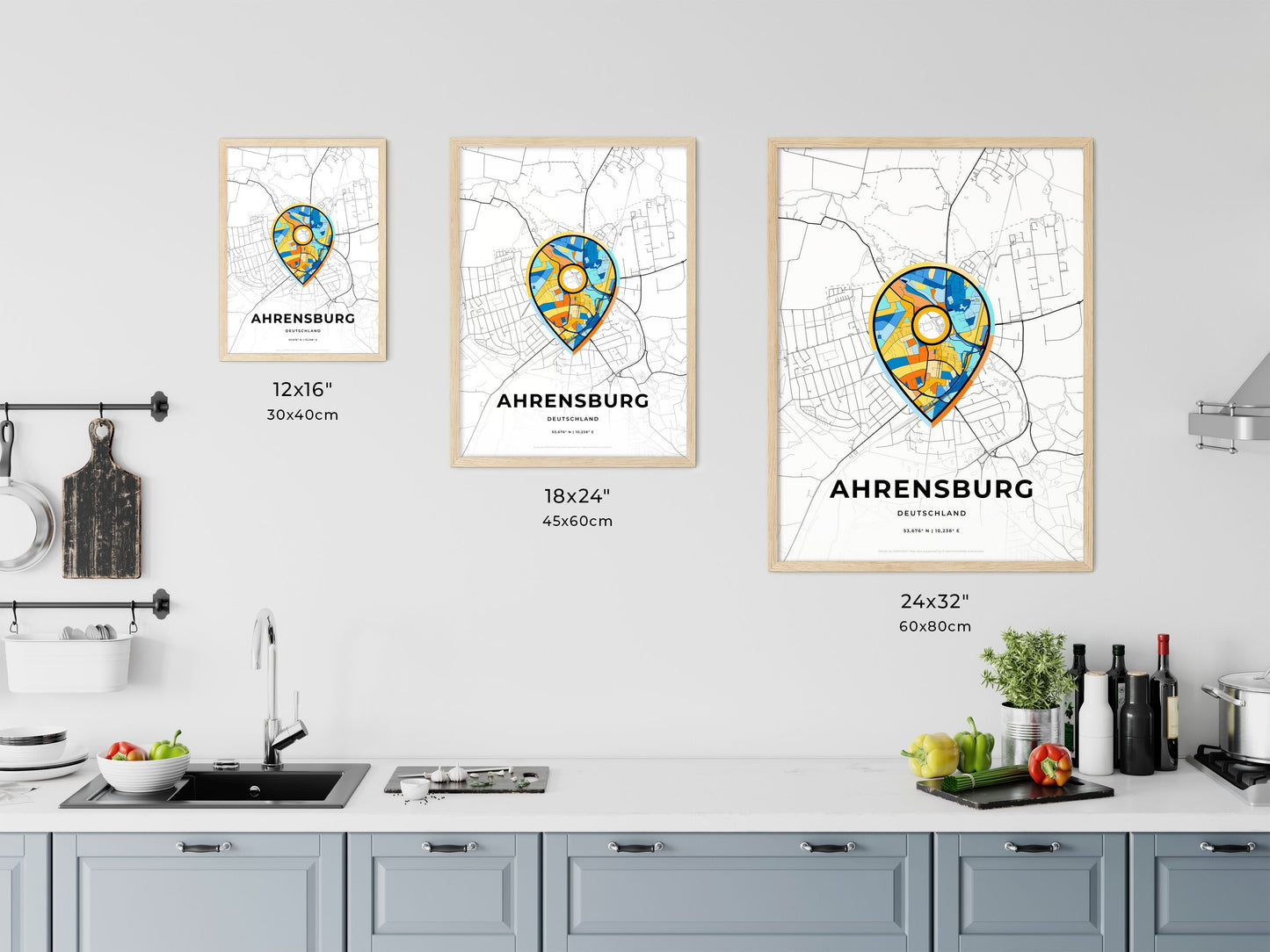 AHRENSBURG GERMANY minimal art map with a colorful icon. Where it all began, Couple map gift.