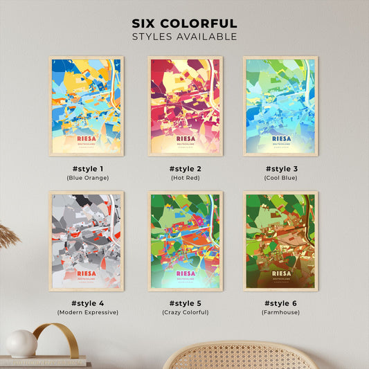 Colorful RIESA GERMANY Fine Art Map Blue Orange