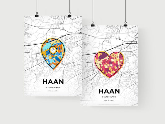 HAAN GERMANY minimal art map with a colorful icon. Where it all began, Couple map gift.