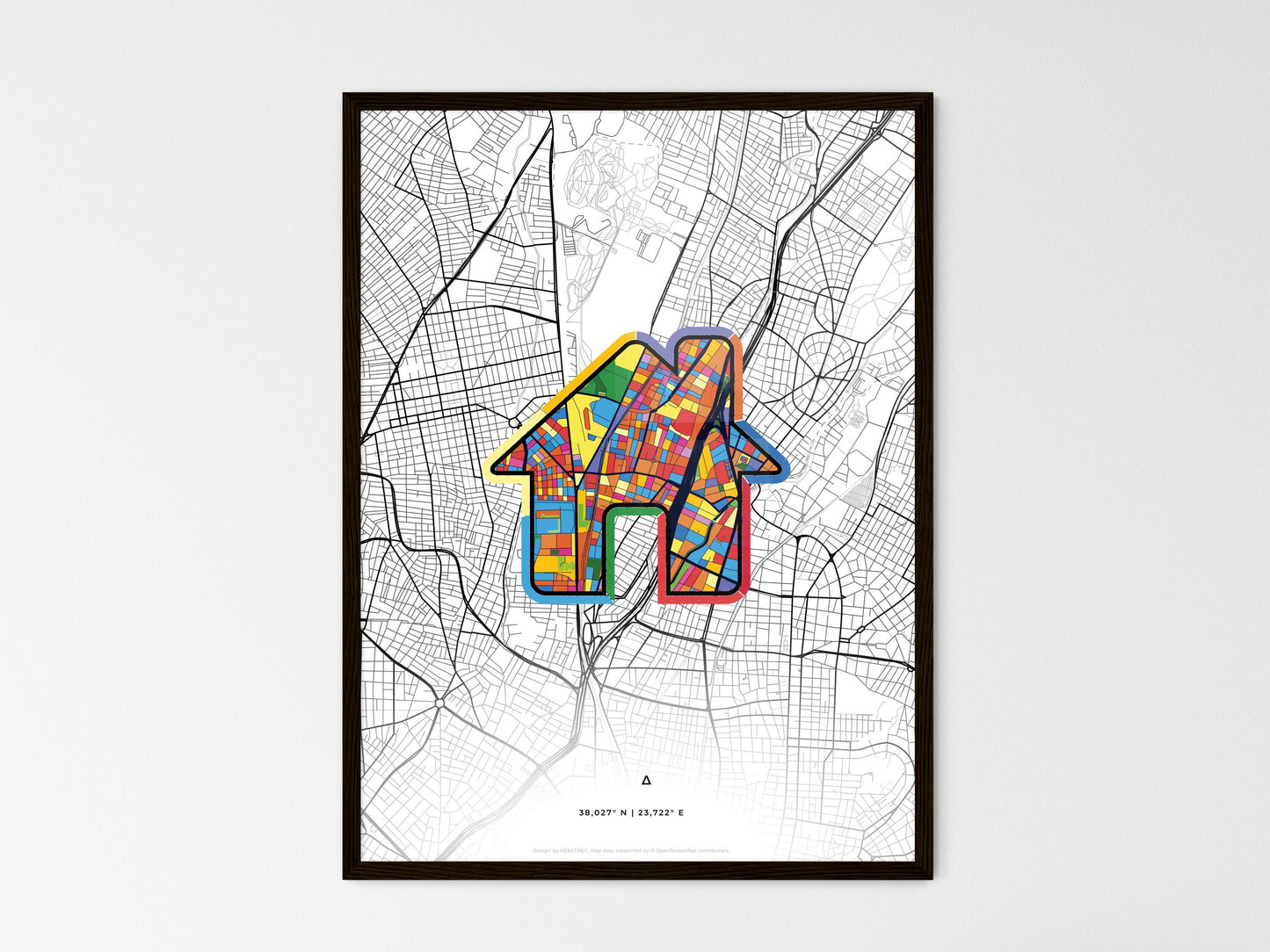 AGIOI ANARGYROI GREECE minimal art map with a colorful icon. Where it all began, Couple map gift. Style 3