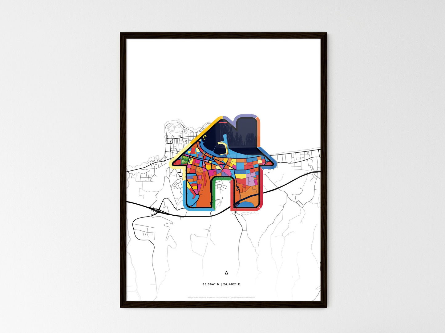 Rethymno Greece wedding art map with home icon