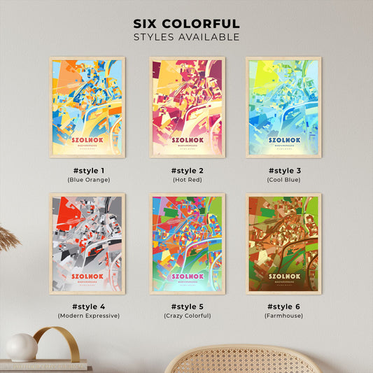 Colorful SZOLNOK HUNGARY Fine Art Map Blue Orange