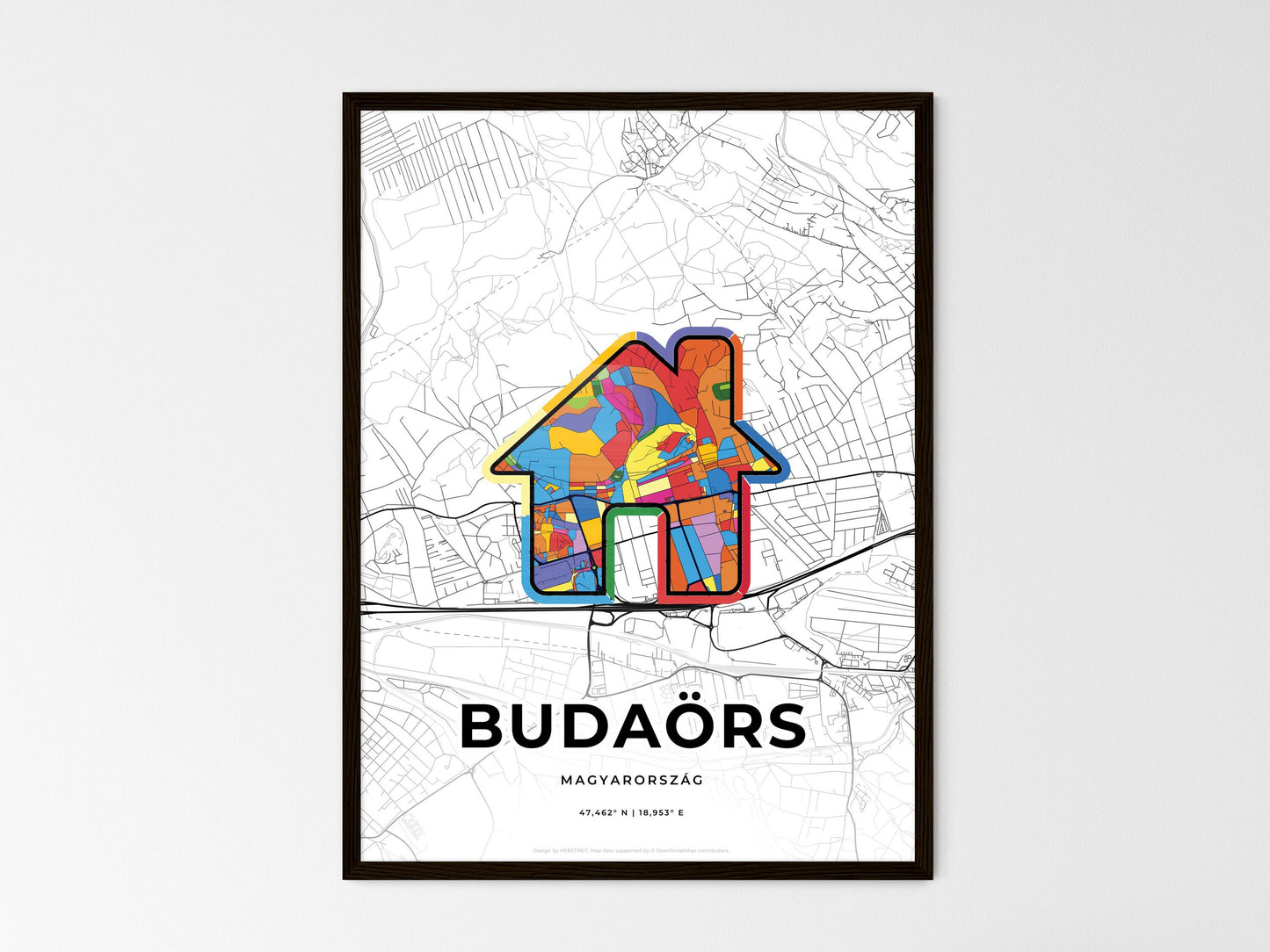 Budaörs Hungary wedding art map with home icon