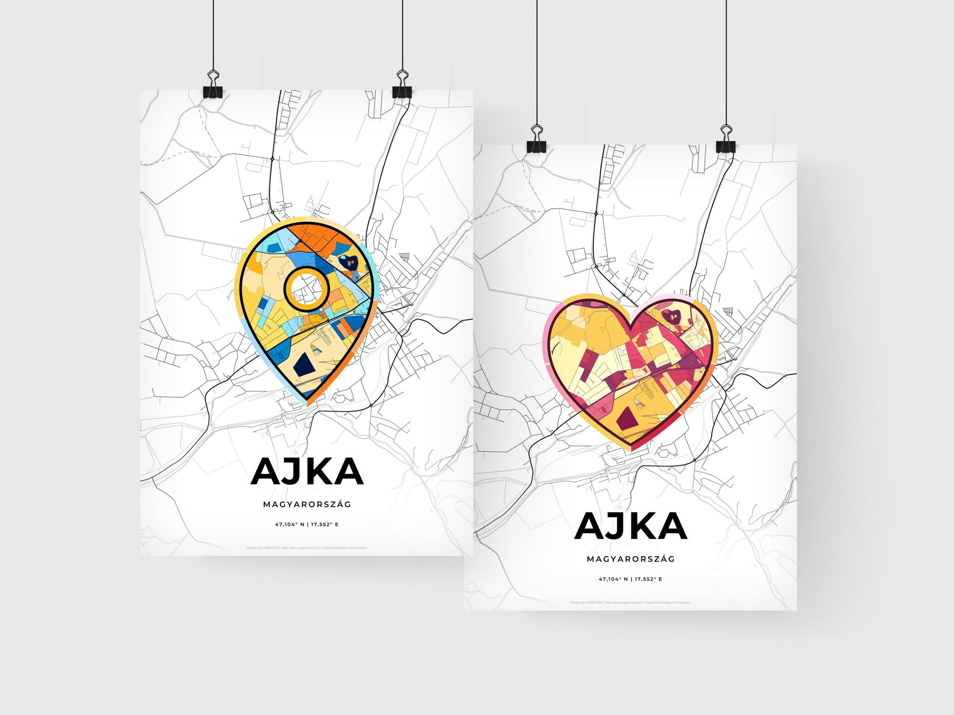 AJKA HUNGARY minimal art map with a colorful icon. Where it all began, Couple map gift.