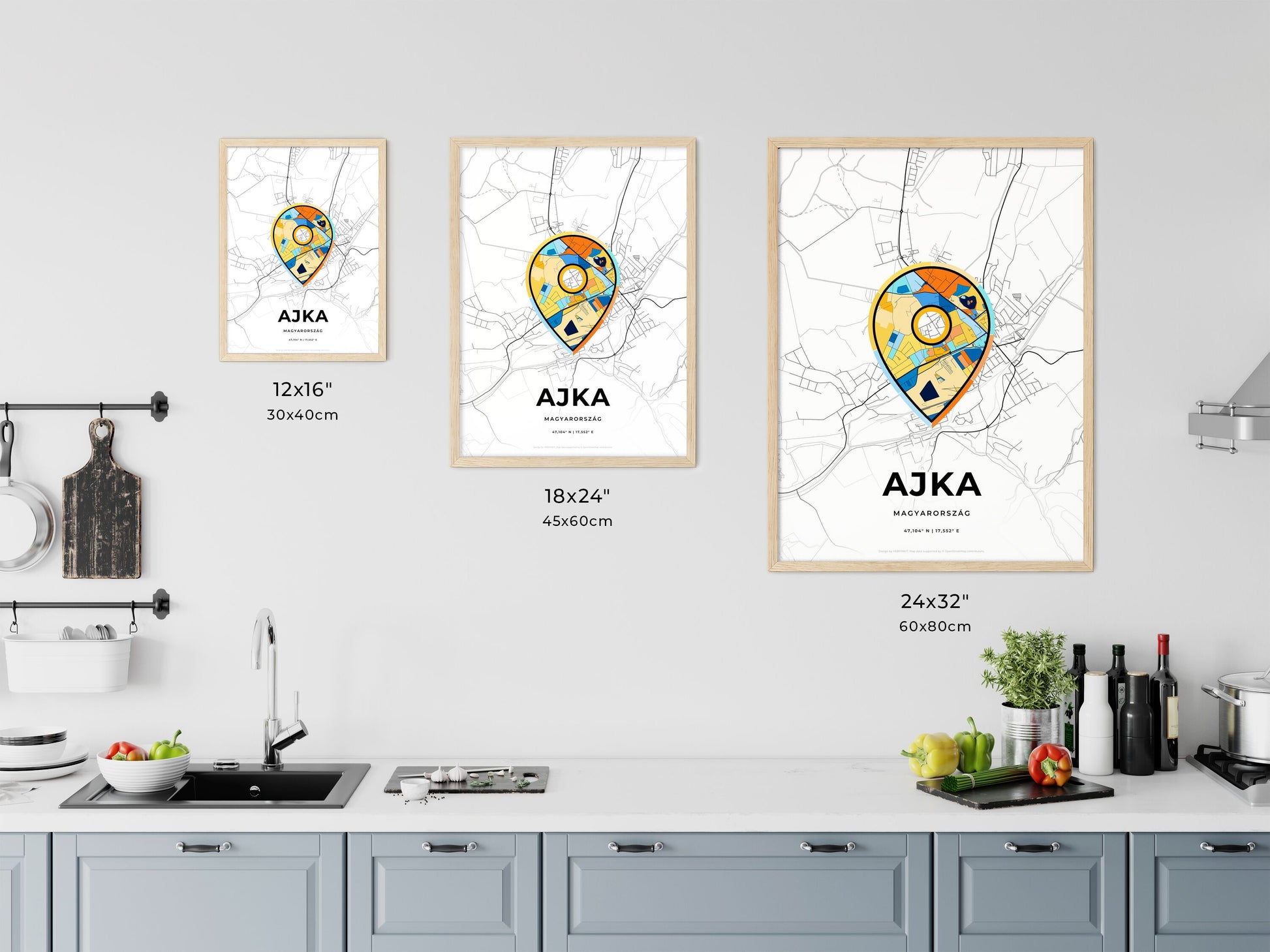 AJKA HUNGARY minimal art map with a colorful icon. Where it all began, Couple map gift.