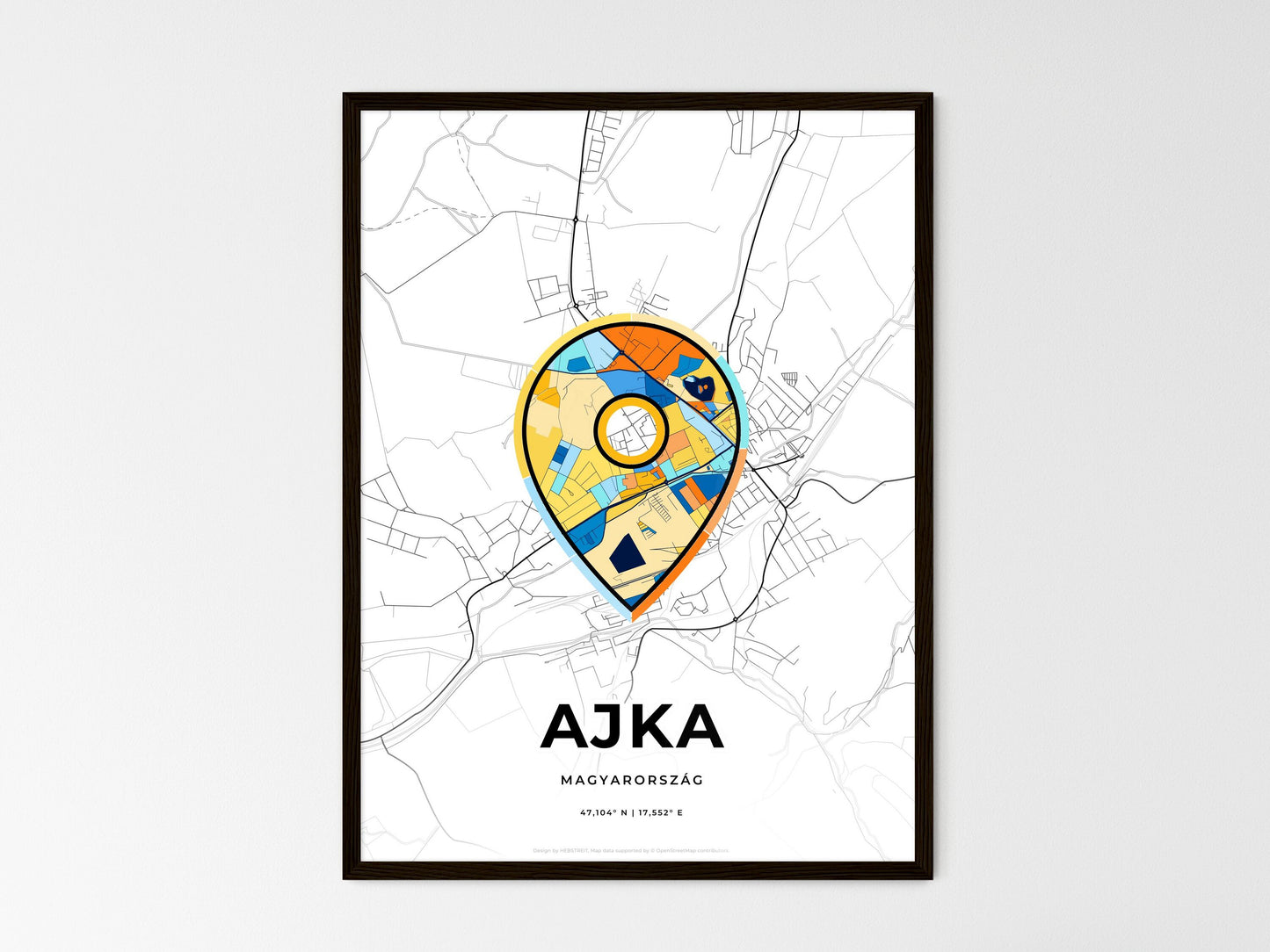 AJKA HUNGARY minimal art map with a colorful icon. Where it all began, Couple map gift. Style 1