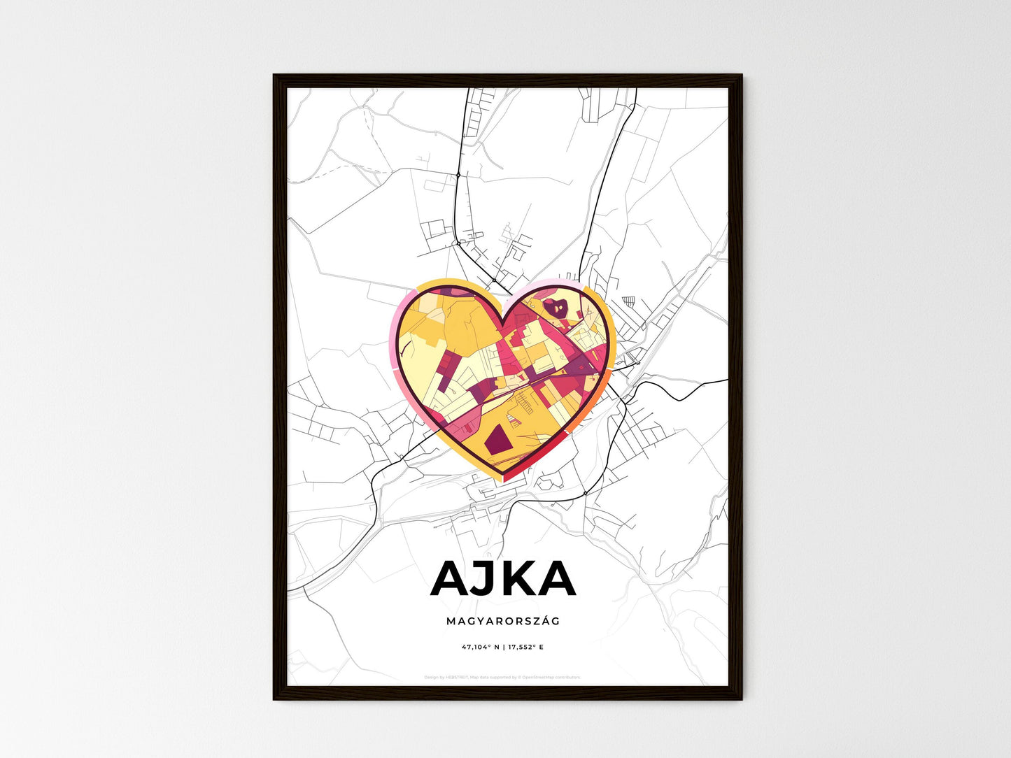 AJKA HUNGARY minimal art map with a colorful icon. Where it all began, Couple map gift. Style 2