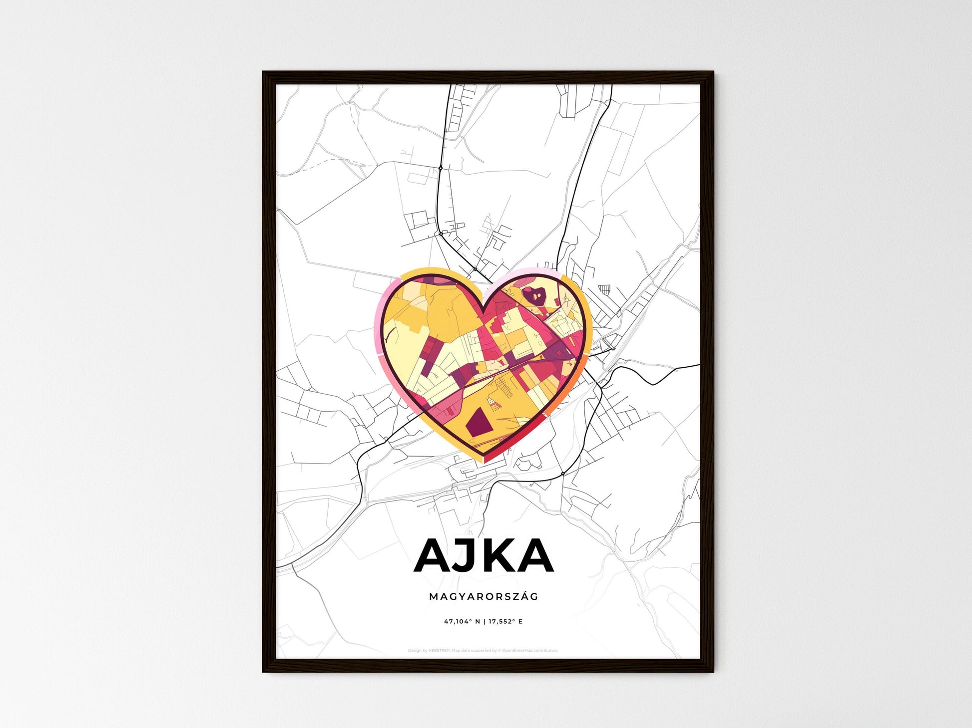 AJKA HUNGARY minimal art map with a colorful icon. Where it all began, Couple map gift. Style 2