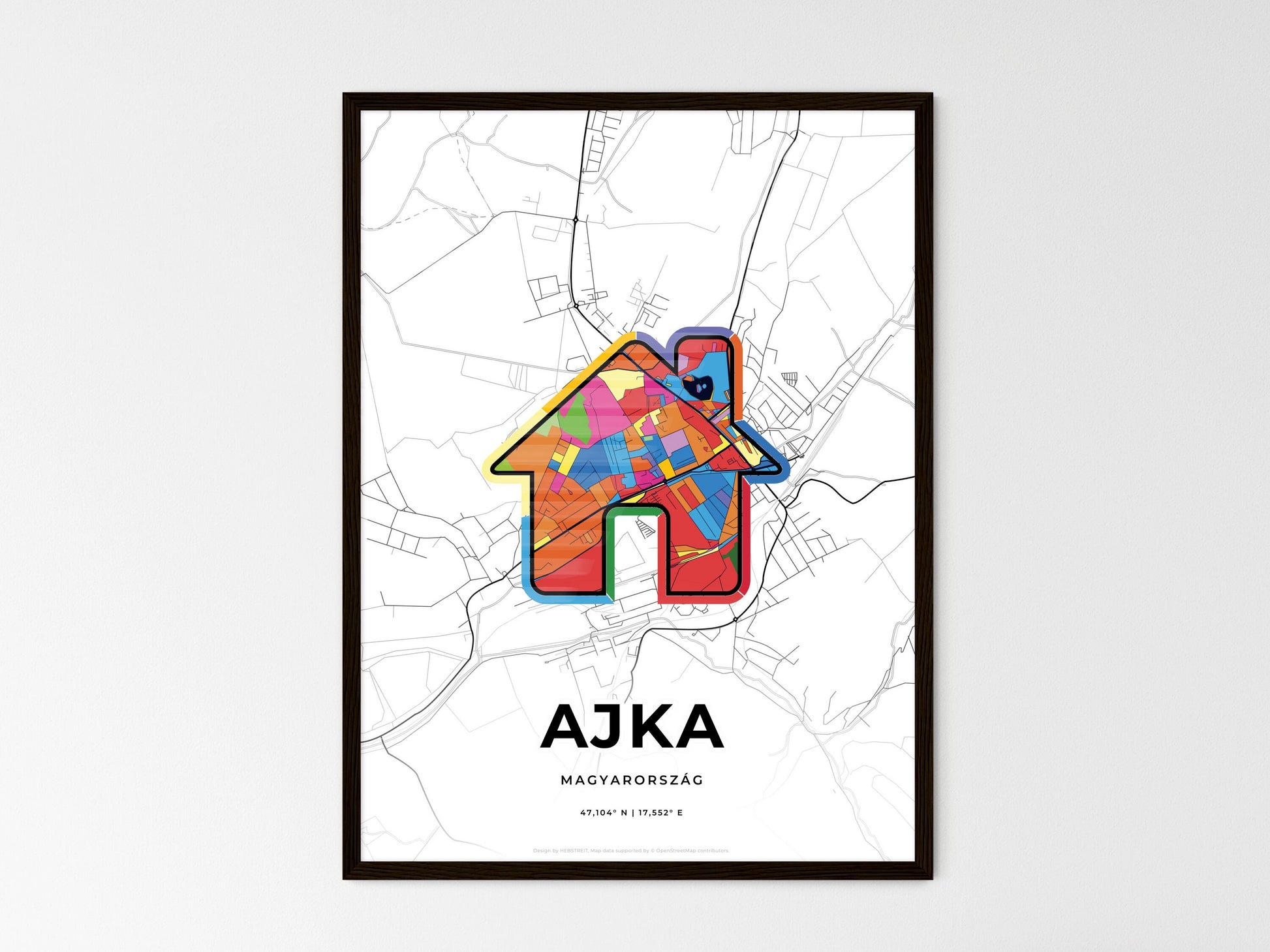 AJKA HUNGARY minimal art map with a colorful icon. Where it all began, Couple map gift. Style 3