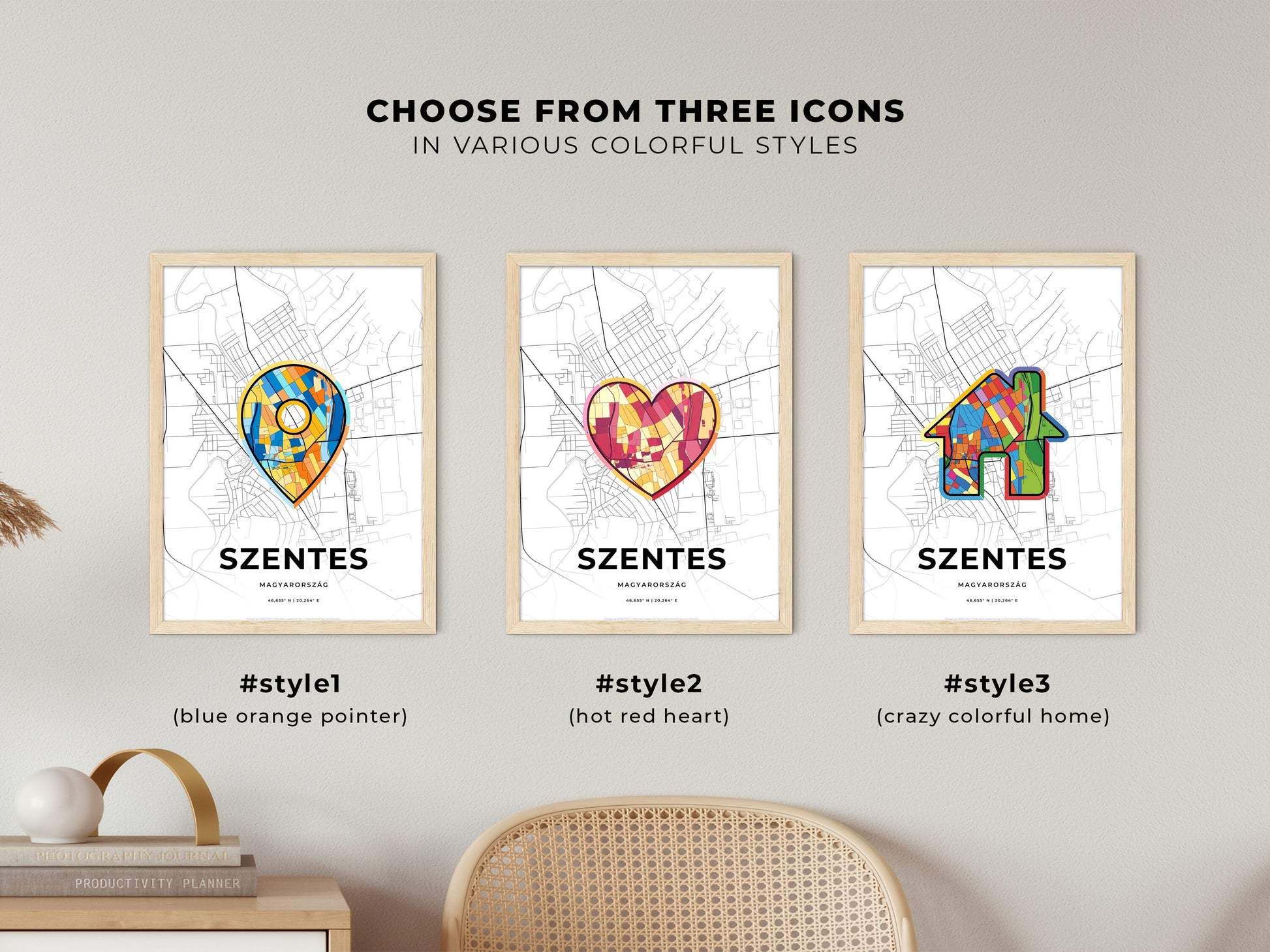 SZENTES HUNGARY minimal art map with a colorful icon. Where it all began, Couple map gift.