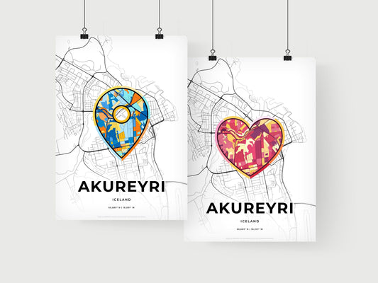 AKUREYRI ICELAND minimal art map with a colorful icon. Where it all began, Couple map gift.