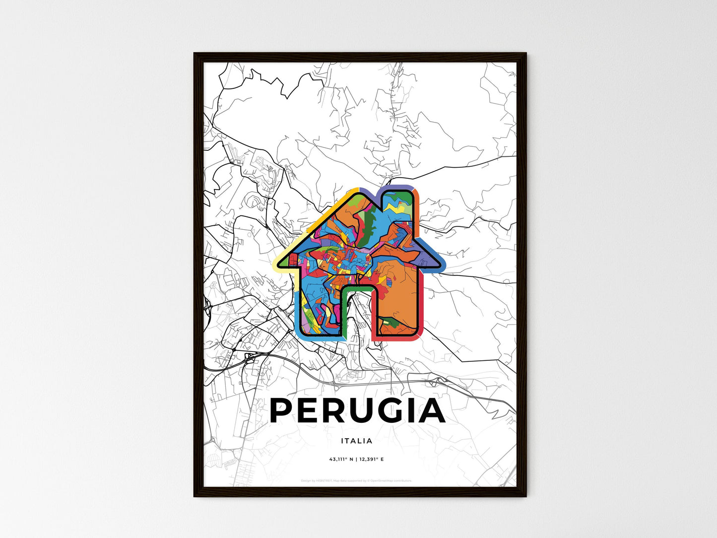 Perugia Italy wedding art map with home icon
