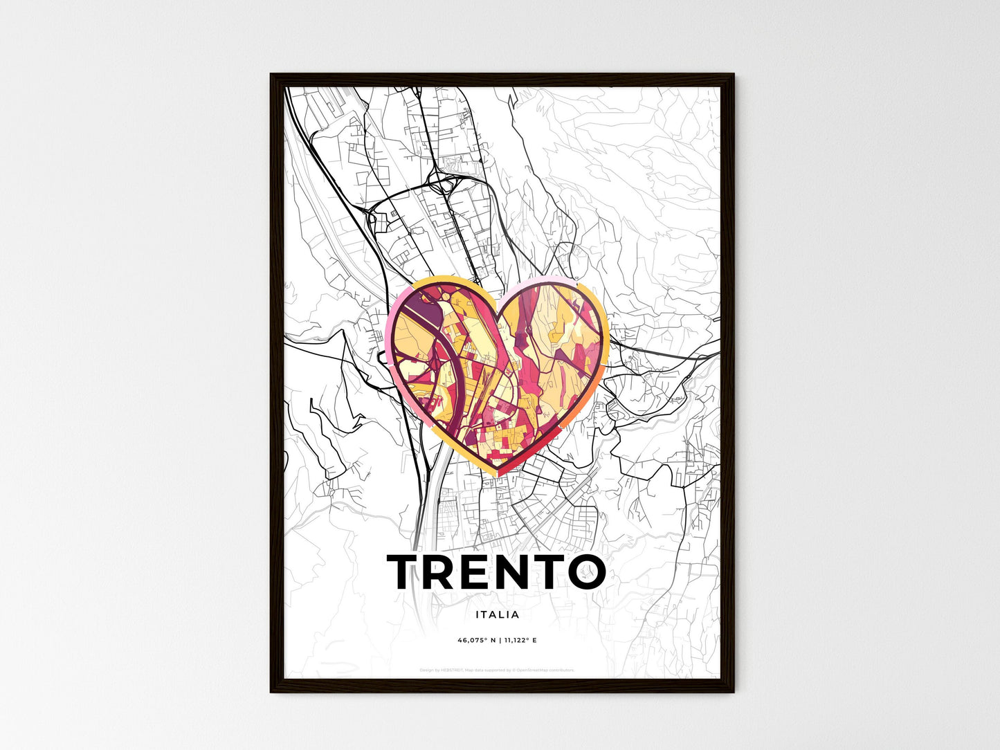 Trento Italy wedding art map with heart icon