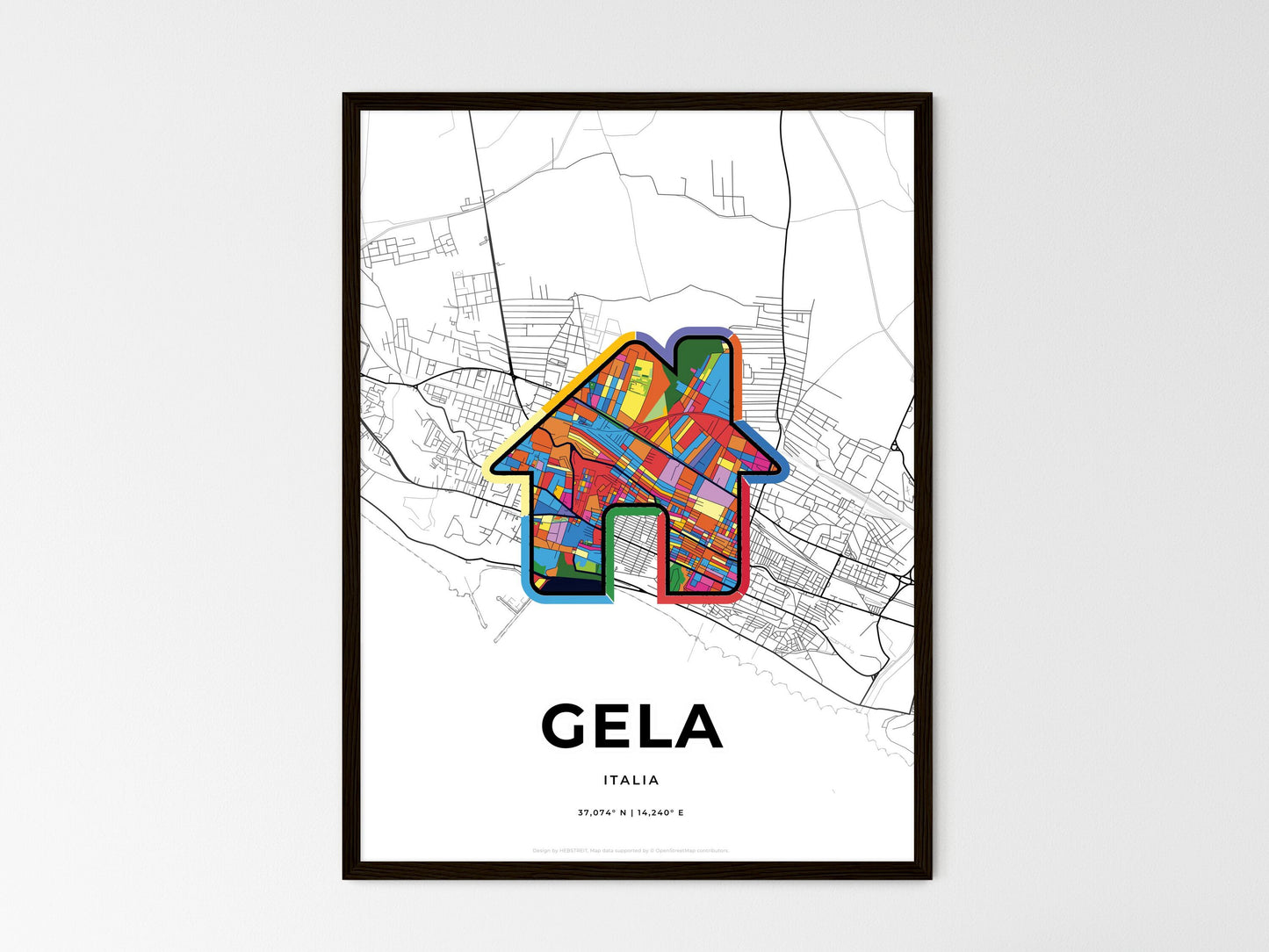 Gela Italy wedding art map with home icon