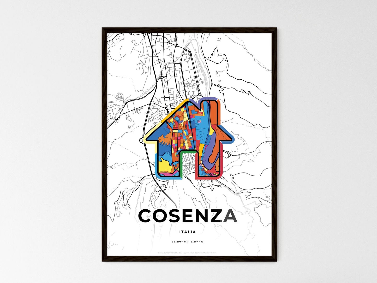 Cosenza Italy wedding art map with home icon