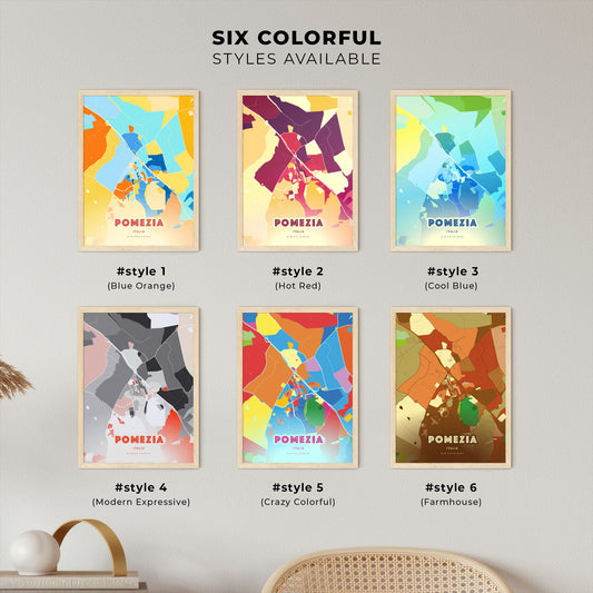 Colorful POMEZIA ITALY Fine Art Map Blue Orange