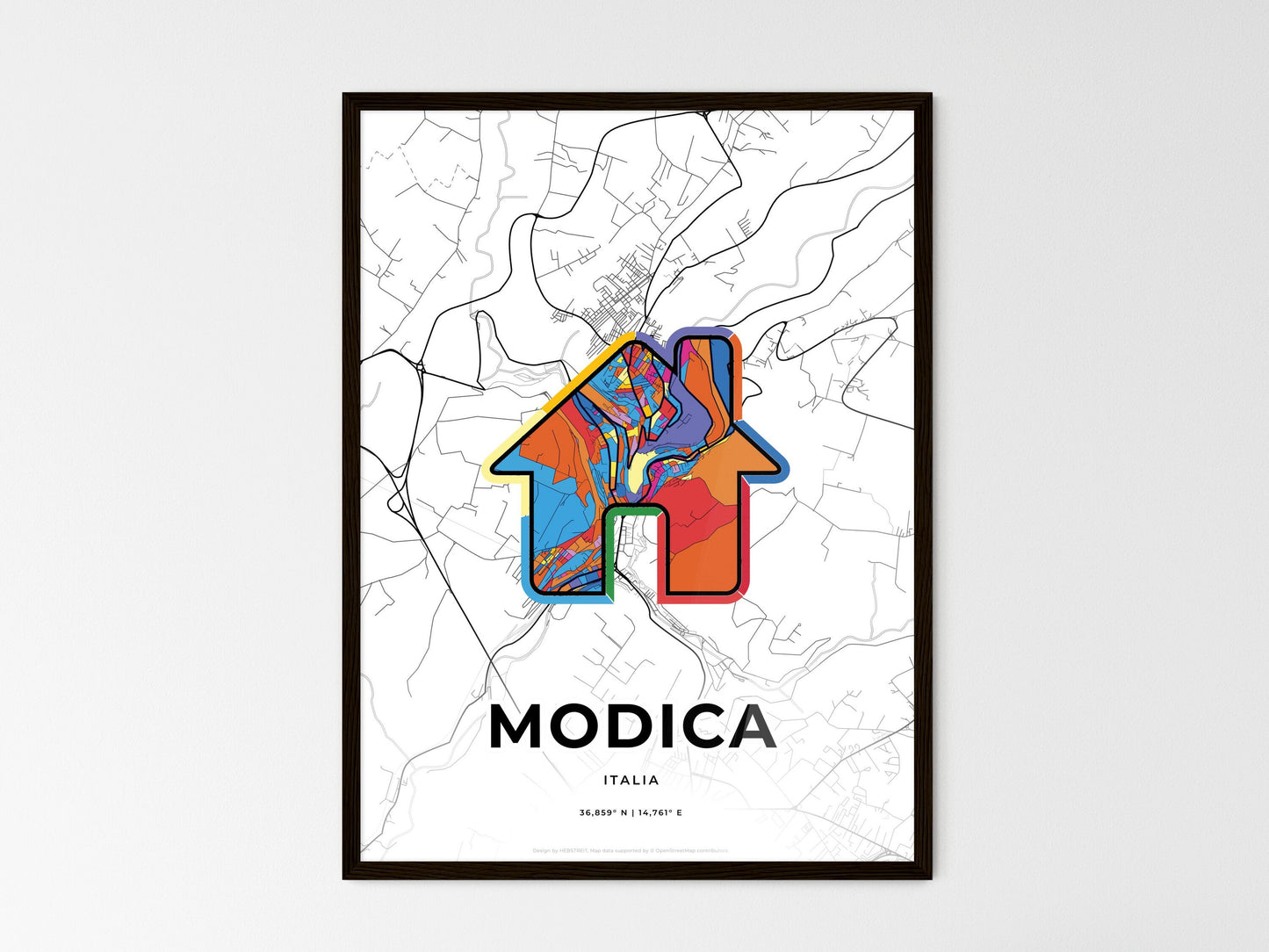Modica Italy wedding art map with home icon