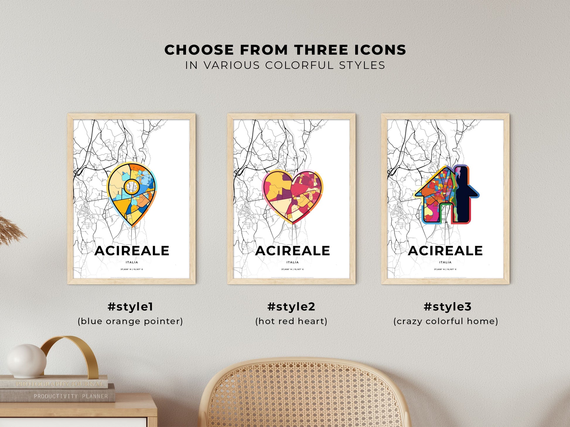 ACIREALE ITALY minimal art map with a colorful icon. Where it all began, Couple map gift.