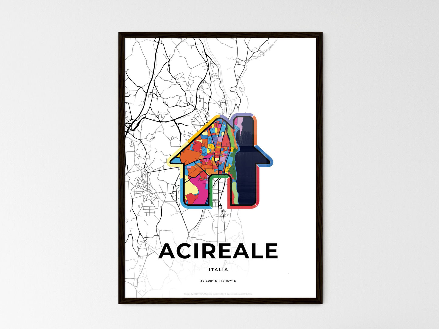 ACIREALE ITALY minimal art map with a colorful icon. Where it all began, Couple map gift. Style 3